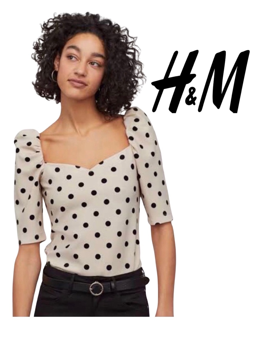 H&M Cream and Black Polka Dot Puff Sleeve Sweetheart Top